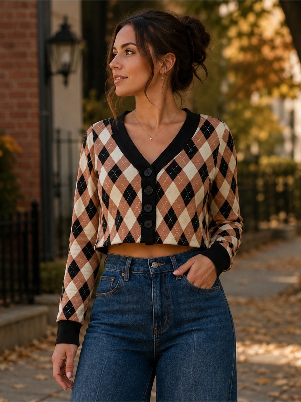 Liberty Love Argyle Crop Top Women’s L V-Neck Button Front Long Sleeve Y2K
